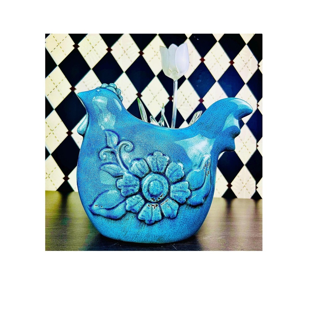 Danish Art Pottery Hen Large 13" 1960's Turquoise Crackle Glaze Scandinavian MCM